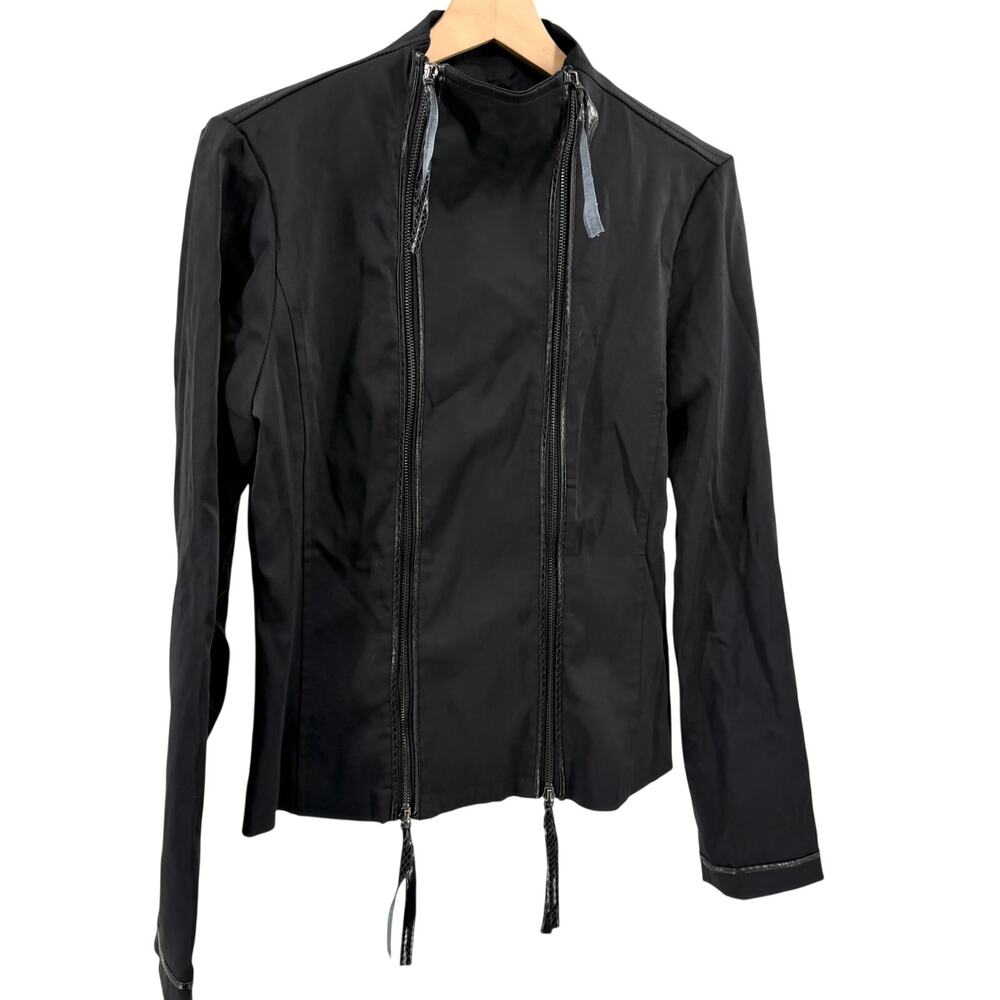 Vintage Y2K Sharagano Black Satin Snakeskin Trim Double Zip Moto Jacket